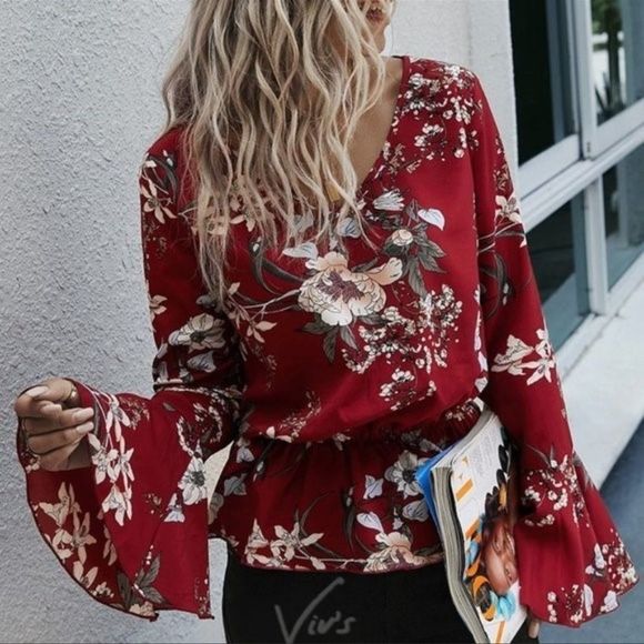 RED Floral Bell Sleeve V Neck - Picture 8 of 11